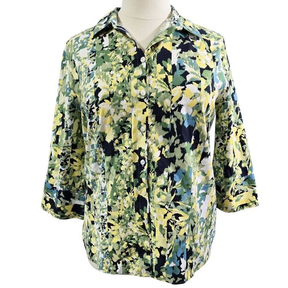 Chico's No Iron Green Yellow Floral 3/4 Sleeve Button-Up Tunic Stretch Colorful - Picture 1 of 9